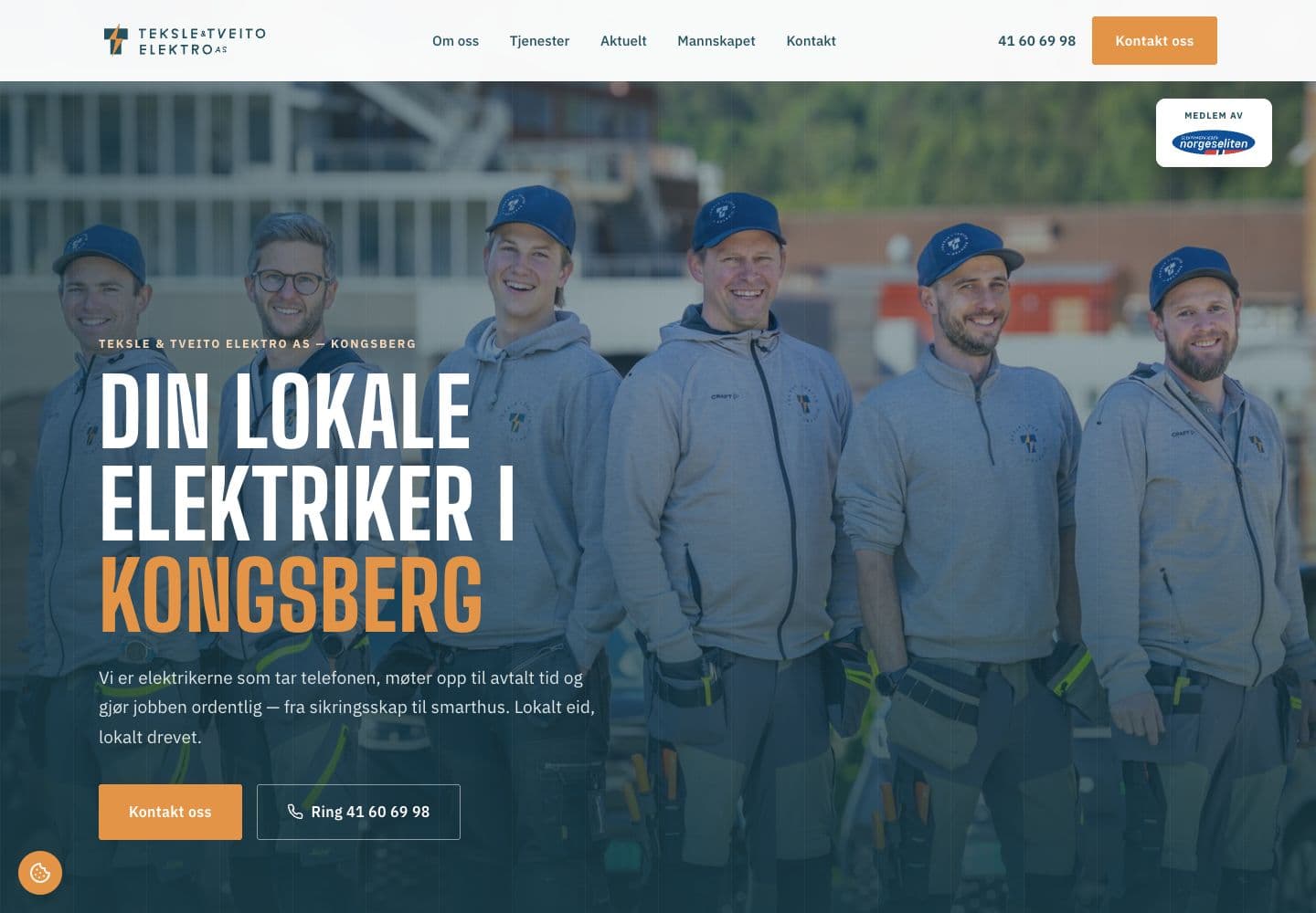 Nettsiden til Teksle & Tveito Elektro på desktop, med tjenester og tydelige kontaktknapper